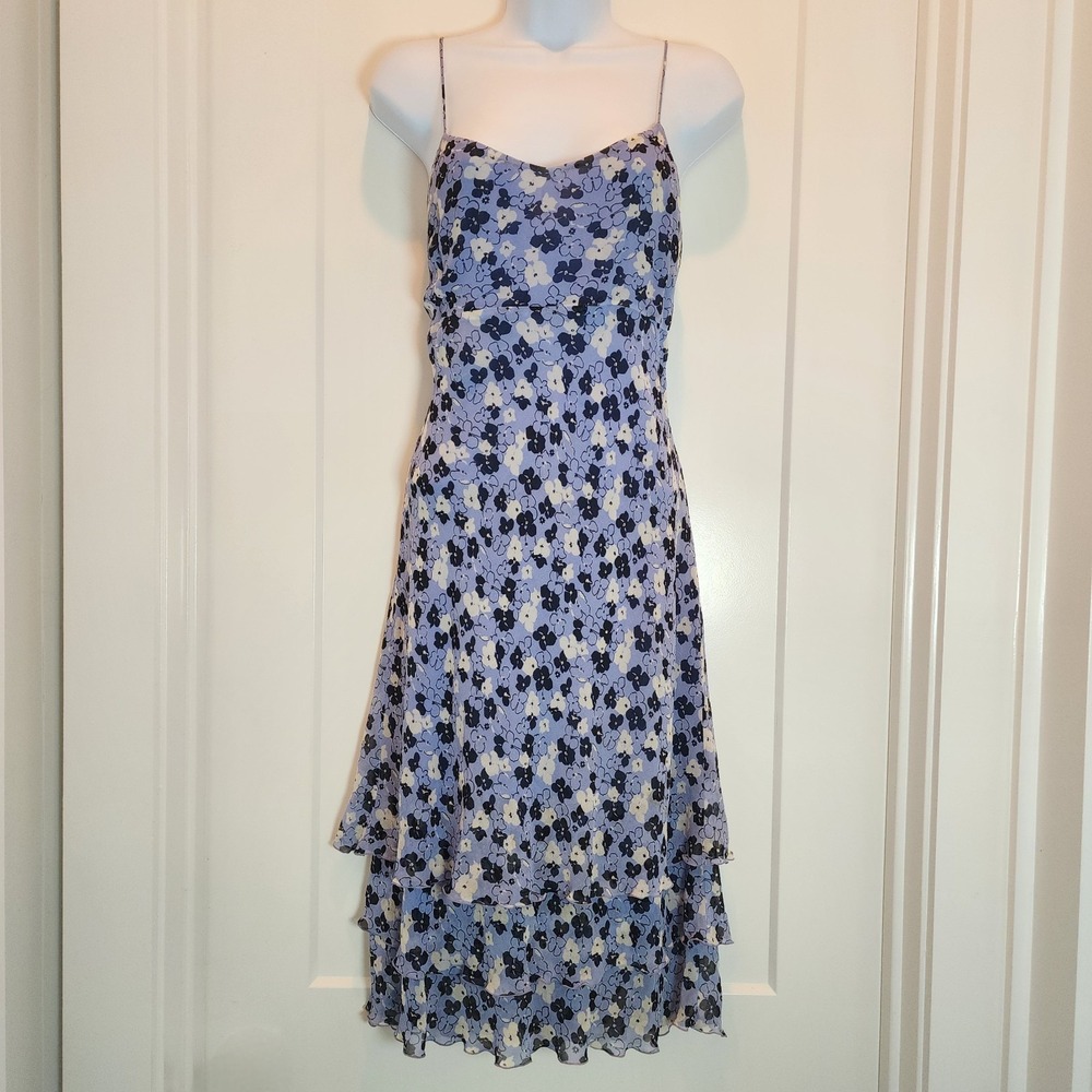 Ann Taylor Vintage Y2K Silk Floral Tiered Blue Midi Dress 6 Fairycore Wedding - Picture 2 of 12